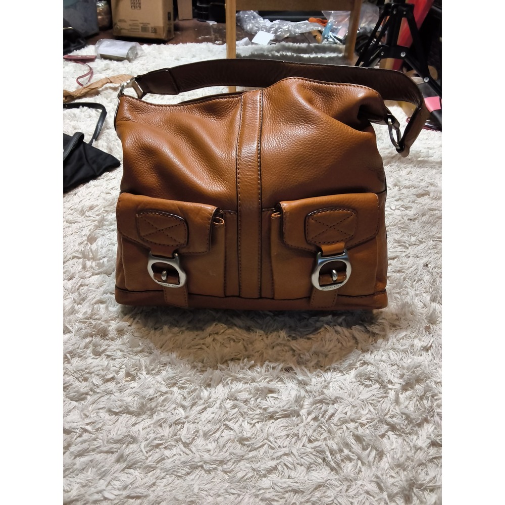 15. Michael Kors Cognac Pebbled Leather Shoulder Bag Buckle Front Pockets Hobo
